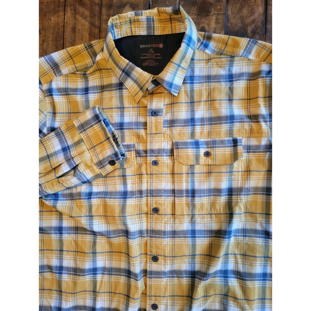 Swiss Tech Plaid Shirt Mens Large Yellow Blue Excellent Roll Tab Sleeve SM28Y078